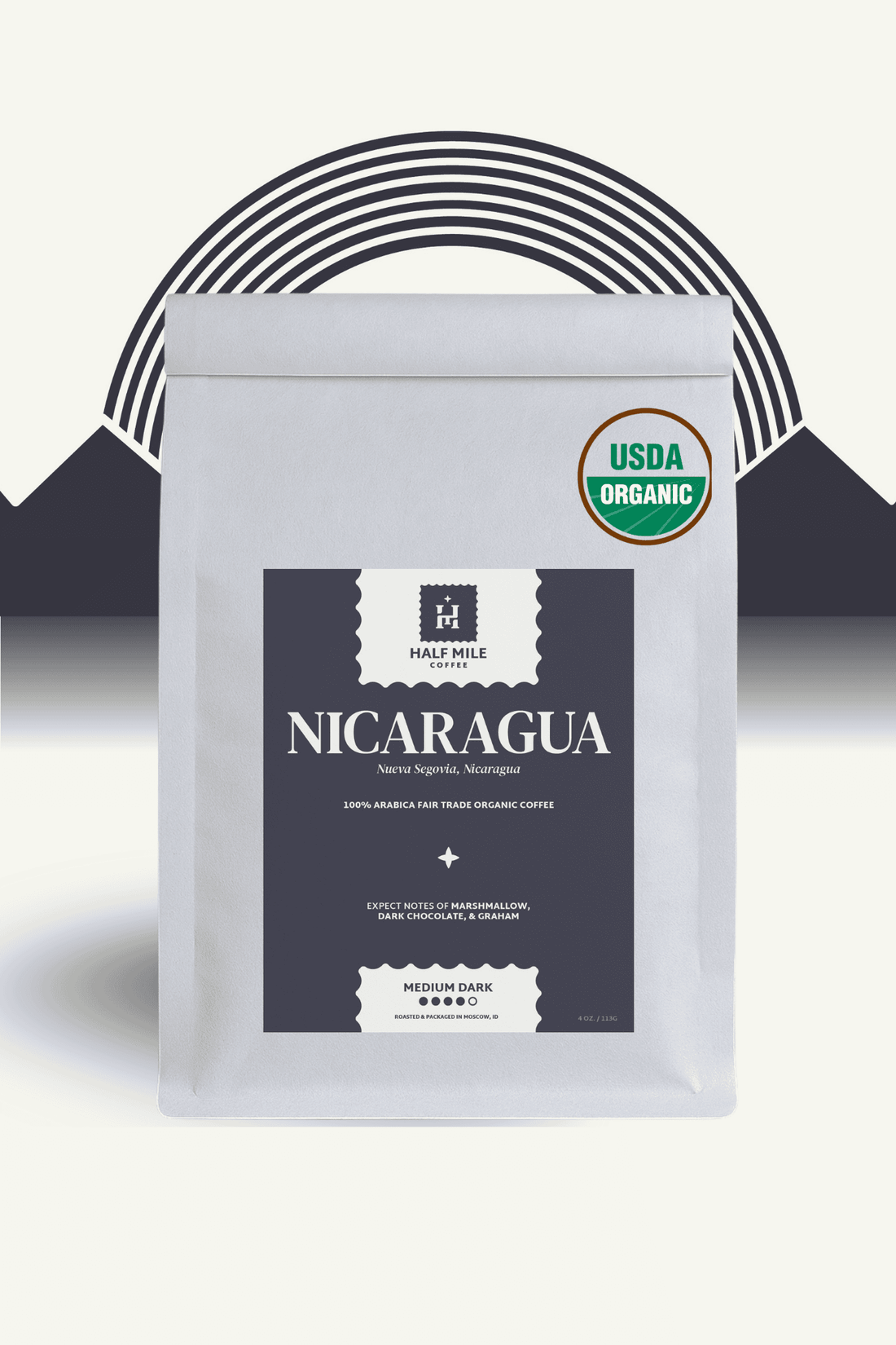 Coffee package labeled 'Nicaragua' with USDA Organic logo on a white background