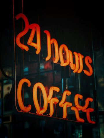 neon sign that says 24 hours coffee