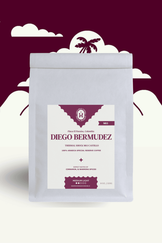 Diego Bermudez coffee package with a purple and white design on a white background