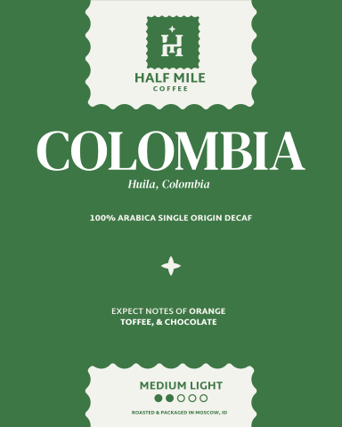 Half Mile Coffee Colombia Decaf coffee label 